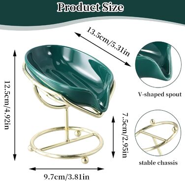 Набір з 2 мисок для мила з отвором, 13,5x8,5 см, кераміка, самостійний злив, у формі листка, білий, зелений