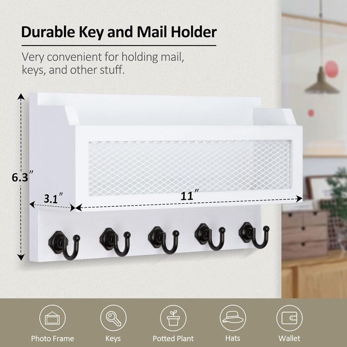 Brief and Key Holder for Wall Decoration, 27.9 cm (11 inches) Wooden Wall Key Organizer with 5 Key Hooks, Wall Mount, Storage Shelf for Entryway, Hallway (white)