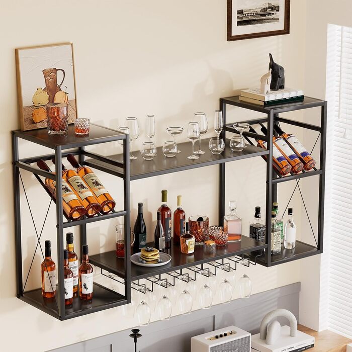Настінна вітрина для вина UYOYOUS на 2 яруси з металу, 120 см, з 6 тримачами для келихів, барна вітрина для винних пляшок, підвісна вітрина для спиртних напоїв для дому, кухні, їдальні, ресторану, чорна