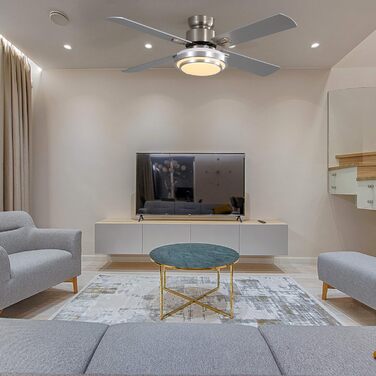 Стеляний вентилятор FINXIN з LED-лампою 132/122 см для спальні, вітальні, їдальні. В комплекті: мотор, пульт керування. (132 см, 5 лопатей) (Брашований нікель, 122 см, 4 лопаті)