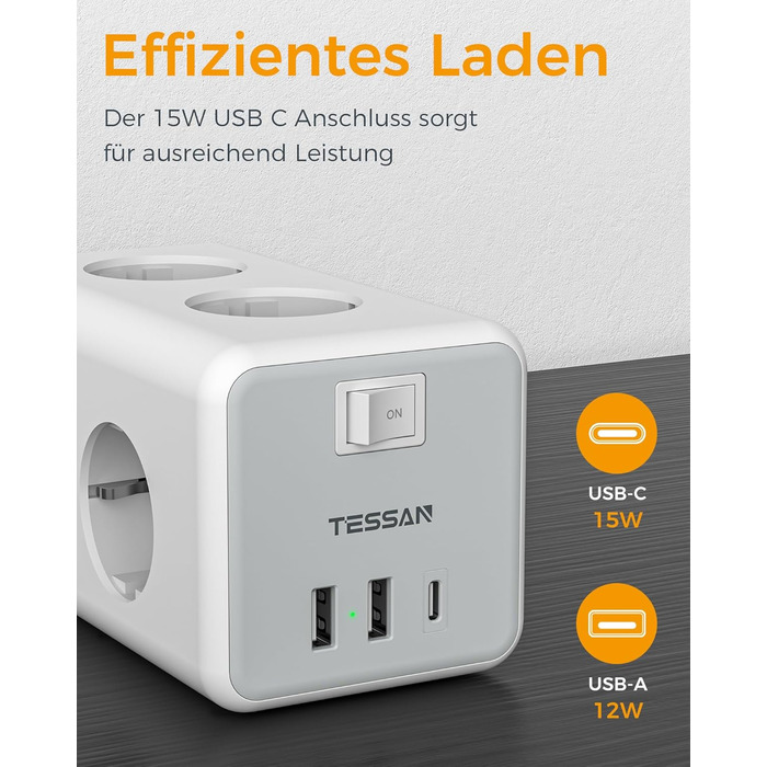 Мережевий фільтр TESSAN 6-fach з USB-C, 9 в 1 з вимикачем, 2 метри кабелю для дому та офісу