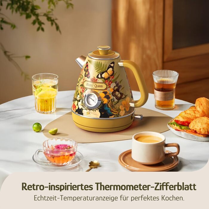 Електричний чайник Hazel Quinn з нержавіючої сталі, без BPA, STRIX-контролер, поворотна база 360°, індикатор температури, ретро-дизайн, автоматичне відключення, 2200 Вт, 1.7 л, м'ятно-зелений