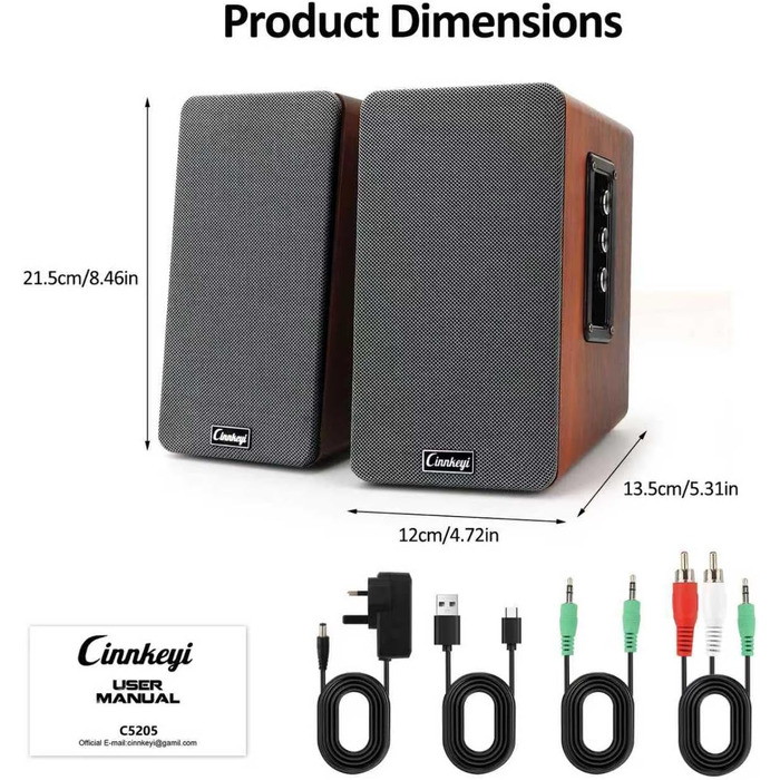 Регістровий динамік 50W, пасивний 2.0 для комп'ютера з Bluetooth/RCA/AUX/USB, для TV/PC/Laptop/Plattenspieler, потужний бас, C5205-UK
