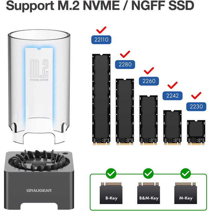 Док-станція для M.2 SSD з охолодженням GrauGear: NVMe PCIe, NGFF SATA, USB3.2 Gen2 10Gbps (22110/2280/2260/2242/2230)
