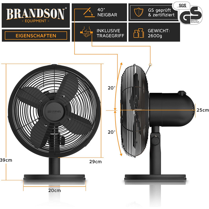 Настільний вентилятор Brandson з мідним дизайном: 3 швидкості, осциляція 80°, кут нахилу 40°, міцний металевий корпус (чорний матовий)