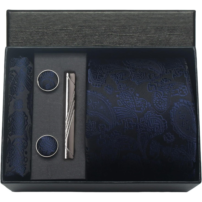 Набір краваток з квітковим візерунком Paisley для чоловіків: краватка, нагрудна хустинка, затискачі для краваток, затискачі для краваток, запонки. Подарунковий набір, темно-синій