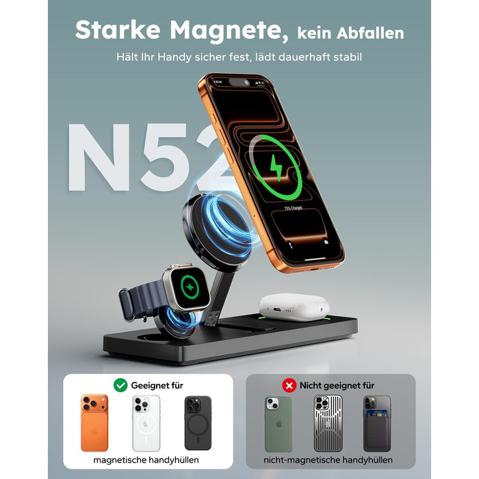 MagSafe зарядна станція 3-в-1 для iPhone, Apple Watch та AirPods (20W адаптер) - Чорна, складна індуктивна зарядка MagSafe сумісна з iPhone 17/16/15/14/13/12