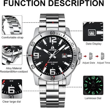 Годинник чоловічий LN LENQIN з нержавіючої сталі, водонепроникний, з датою, кварцовий, аналоговий, бізнес-стиль (сріблястий, чорний)