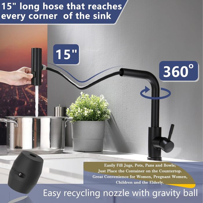 Чорний кухонний змішувач з витяжною лійкою TIMACO 360° поворотний, одноручний, для кухонної мийки | Змішувач для кухні