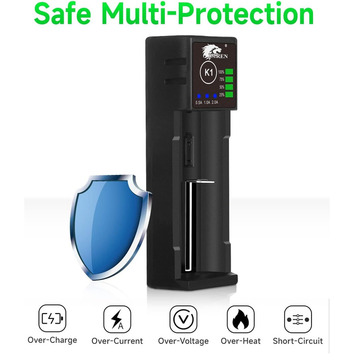 Зарядний пристрій IMREN 18650 з 4 слотами, 2A, USB-C, для акумуляторів 3.7V Li-Ion 18350 14500 14650 17500 18700 20700 21700 22650 26650 1.2V NI-MH/NI-Cd AA AAA C