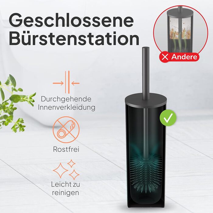 Торбінг Дизайн Туалетний Щітка з Нержавіючої Сталі - Якісна Щітка з Закритим Тримачем - Силіконова Щітка з Ефектом Лотоса - Сучасний Дизайн - Елегантні Кольори - Подовжений Рукоятка (Чорний Матовий Вугільний)