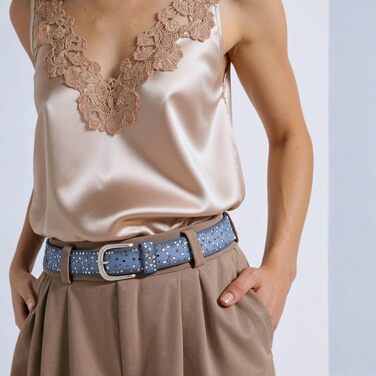 Жіночий шкіряний ремінь 110 см з зірковими застібками, ширина 3.8 см, універсальний для джинсів, суконь, штанів та шортів, регульований, вінтажний, з металевою пряжкою (синій)