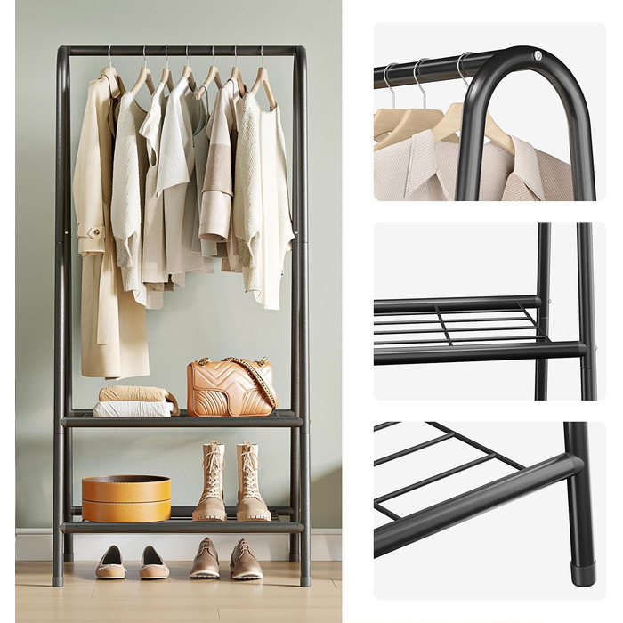 Robust metal clothes rack with double shelves for hanging clothes, freestanding and portable metal clothes rack, 62 L x 35 W x 157.5 H cm space-saving design, Gold (Black)