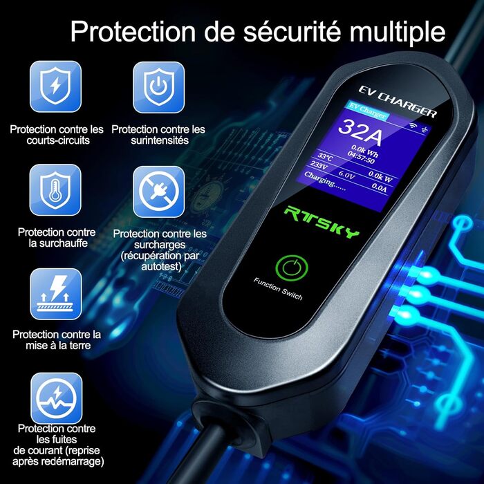 Мобільна зарядка для електромобіля 7kW CEE 32A, кабель Type 2, 5м, 1-фазна, 8-32A, з цифровим дисплеєм