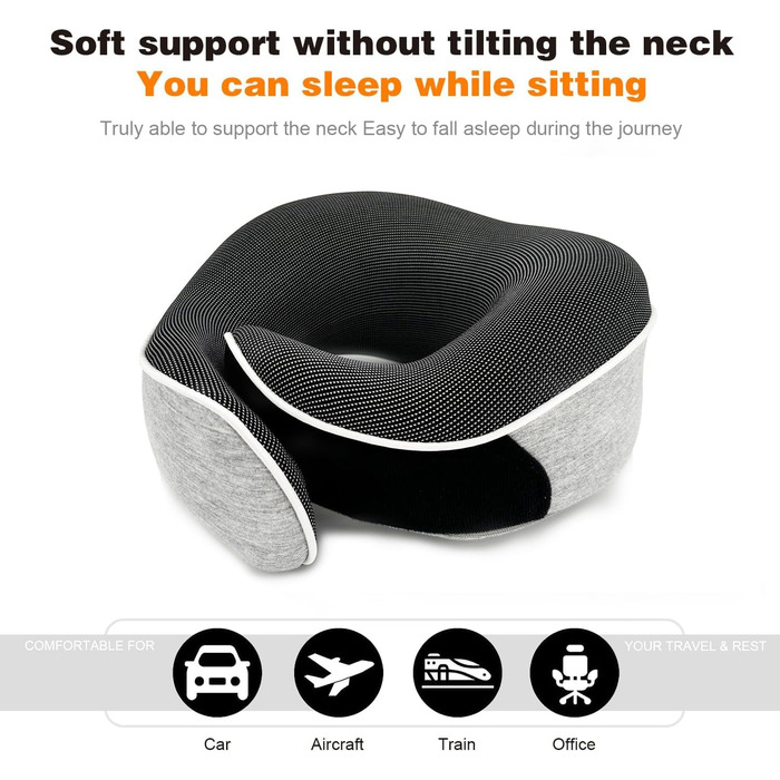 Подушка для шиї, подорожі: Memory Foam, для авто, поїздів, літаків. Комплект з маскою для очей та навушниками (світло-сіра)