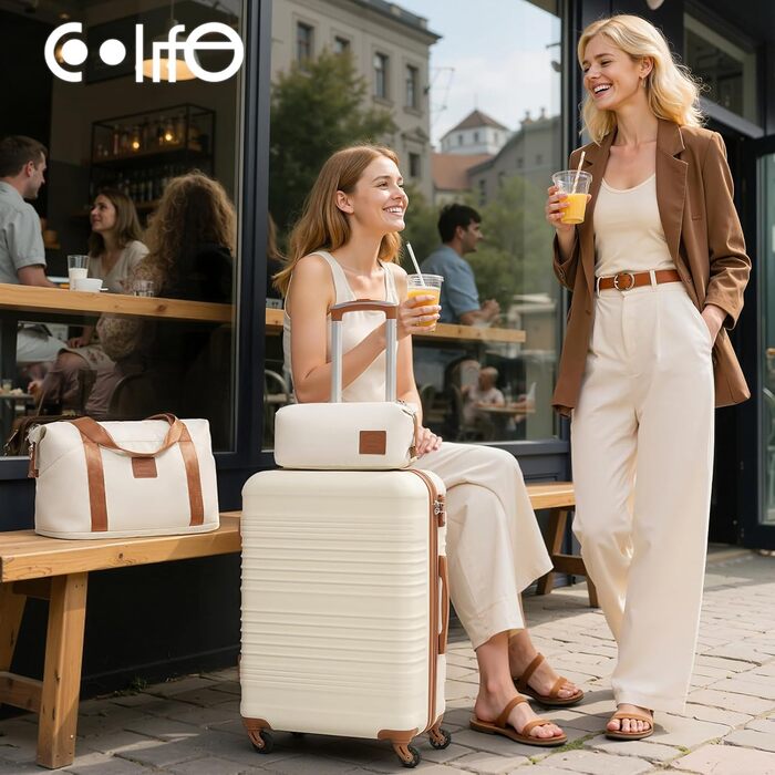Набір валіз COOLIFE 6 в 1: 16', 20', 24', 28' + сумка та органайзер | ABS, 360° колеса, TSA-замок | Ідеально для подорожей, відпочинку та навчання – набір валіз для сім'ї | Білий/Коричневий (середній набір 3 шт, жовто/чорний)