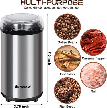 Електрична кавомолка Suewow: потужний 200W мотор, для кави, спецій, горіхів. Багатофункціональна, велика ємність (срібна)