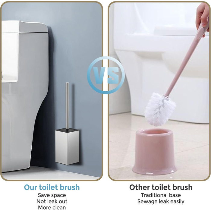 Набір для чищення унітазу WAVEWO з кріпленням на стіну, силіконова щітка та тримач, квадратна щітка з нержавіючої сталі 304, 2 насадки (срібна)