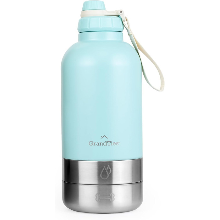 GrandTies Ізольована портативна пляшка для води для собак з 2 знімними диспенсерами для мисок, водонепроникний контейнер для корму для собак, аксесуари для собак для прогулянок, походів, кемпінгу (950 мл, ПУДРОВИЙ ГІРЧИЧНИЙ)