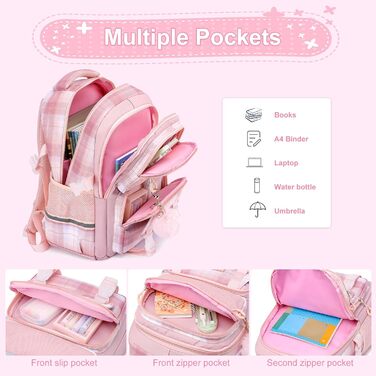 Шкільний рюкзак для дівчаток з візерунком, дихаючий та водовідштовхуючий рюкзак для 1-5 класів, Рожевий-01