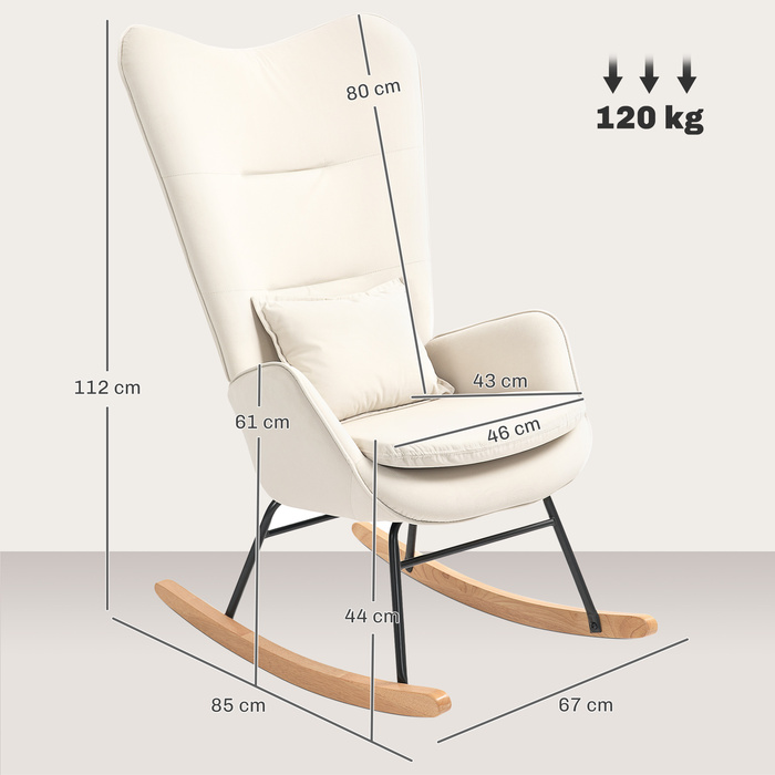 HOMCOM Rocking Chair Glider Armchair, Still Chair with Velvet Look, Rocking Chair with a 120 kg Load Capacity for Bedrooms, Living Rooms, Cream White | Aosom