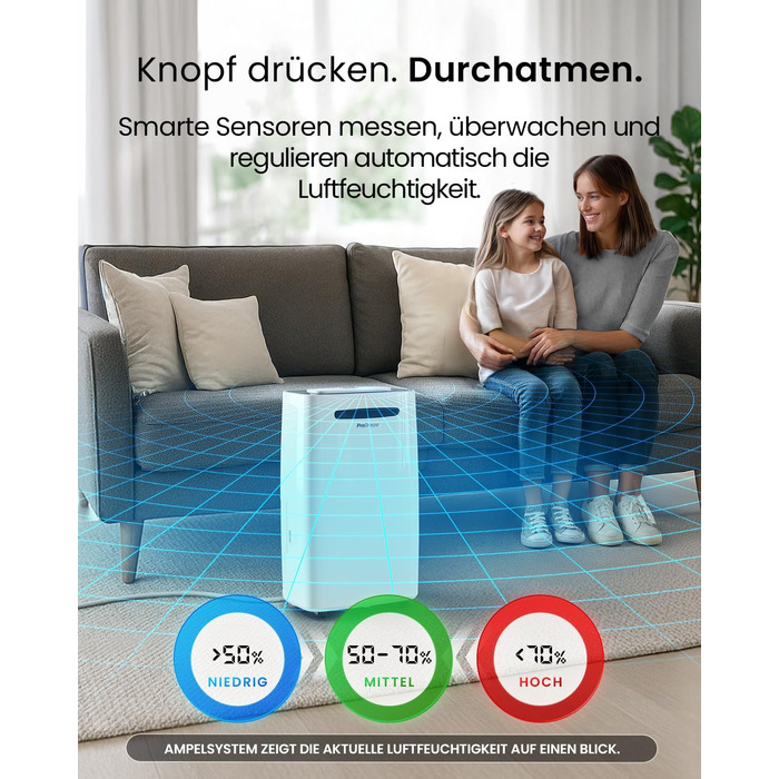 Про Бріз Зволожувач повітря 25л/добу - для приміщень до 30 м², 4 режими роботи, цифровий дисплей, шланг для зливу, функція сушіння білизни, таймер, проти вологи та плісняви.