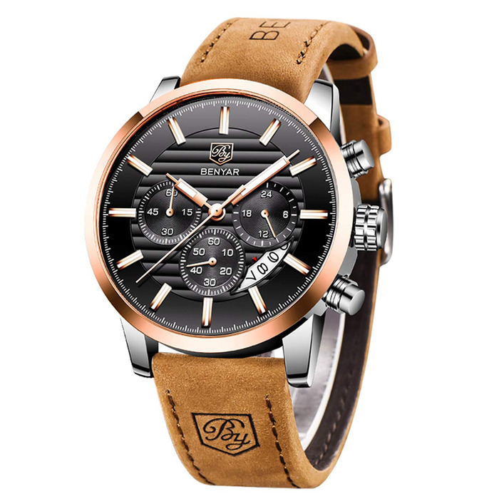 Годинник чоловічий Benyар з кварцовим механізмом, хронограф, водонепроникний, з нержавіючої сталі, стильний аксесуар для бізнесу, спорту та відпочинку (колір: коричневий, золотий, чорний)