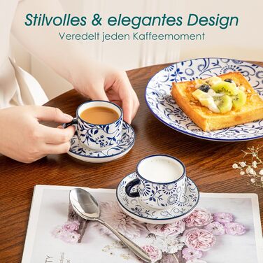 Набір чашок для еспресо Vancasso Selene, 4 шт. - порцелянові чашки з блюдцем та підставкою для капучино, лате, чаю (9.6 x 5.6 см)