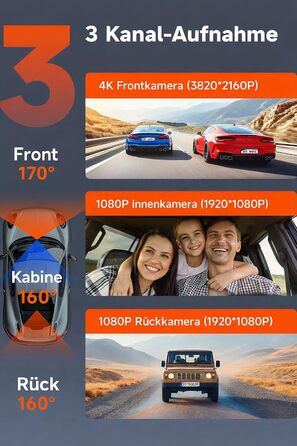 Відеореєстратор E-YEEGER 3-канальний 4K + 1080P + 1080P з Wi-Fi, 32GB карта, нічна зйомка, G-сенсор, паркування - чорний