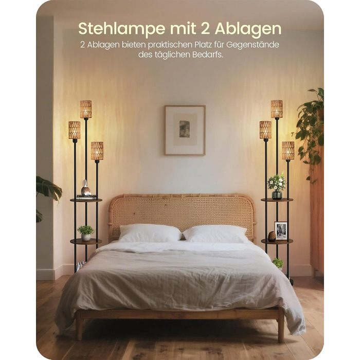 Стельова лампа для вітальні з полицею, 3-лампова торшер з етажеркою у стилі вінтаж, бохо торшер з дерева з вимикачем на ніжці, патрон E27, ретро-дизайн у кольорах коричневого та бежевого, ZEF53LDD05 (Ротанг, Чорний)