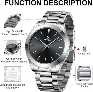 Годинник чоловічий LENQIN з нержавіючої сталі, аналоговий кварцовий годинник, водостійкий (30м), для бізнесу та повсякденного носіння, срібно-чорний (02)