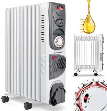 Електричний масляний радіатор KESSER® 2500W з вентилятором, 11 ребер, білий. Масляний обігрівач з таймером, регулюванням температури та захистом від перегріву.