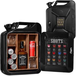 Maverton 20L Canister Bar with Engraving Jerrycan 4 Removable Compartments Black Metal Mobile Bar Birthday Gift for Men, Lockable Minibar - Size: 36x46x18cm