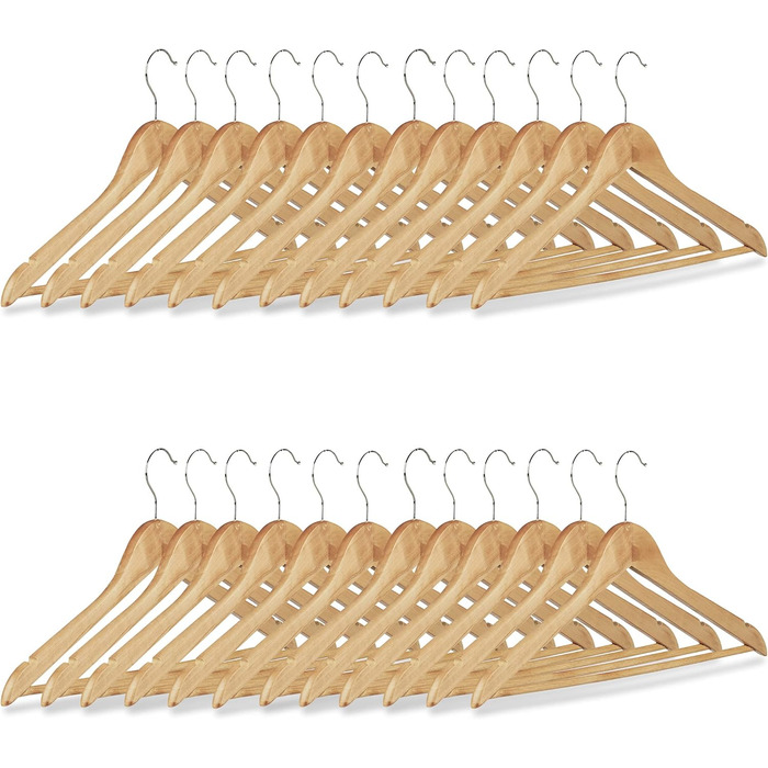 Relaxdays Clothes Hanger Set, 24 Wooden Trouser Hangers, Wardrobe Hangers, 360° Swivel Hooks, WxH: 22.5x44.5cm, natural/silver