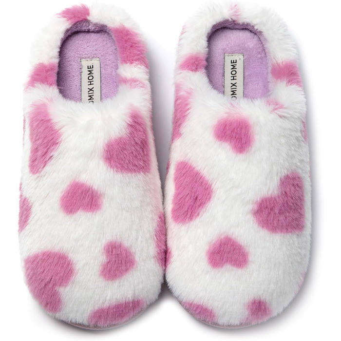 Тапочки жіночі JOMIX Winter Hausschuhe з сердечками, плюш, теплі, красиві пухнасті домашні тапочки, сліпони, для дому, 37 EU, фіолетові
