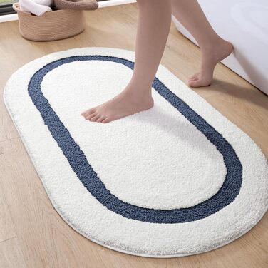 DEXI Non-Slip Bathroom Rug - Soft, Washable Bath Mat - Oval Absorbent Rug for Shower, Bathtub, Toilet Decor (61 x 110 cm, Blue)