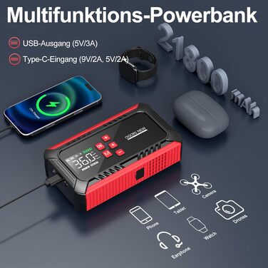 Портативний акумулятор для запуску авто 7000A з компресором 150PSI, 12V. Запуск бензинових (8л) та дизельних (10л) двигунів, прикурювач, LED ліхтарик.