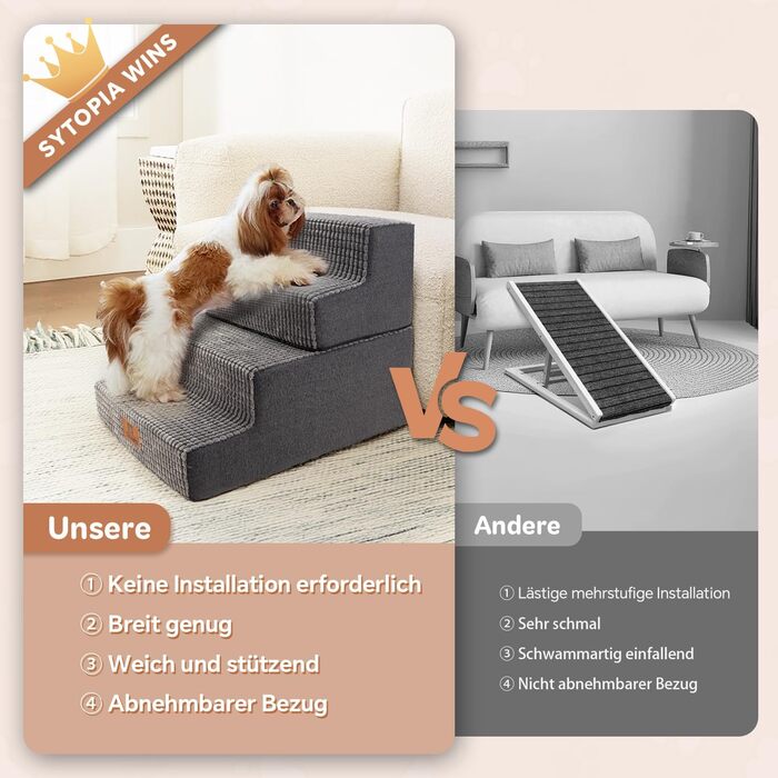 Dog Stairs Large Dogs 4 Steps High, Dog Stairs for Bed Sofa 50cm, Pet Stairs Washable, High-Density Foam, for Injured Older Dogs (45cm Height, Grey)