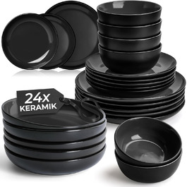 MIAMI – 24-piece dinnerware set made of stoneware ceramic, combination service, dinner service/dinner set for 6 people, modern, microwave and dishwasher safe - Le Papillon Collection (Black)