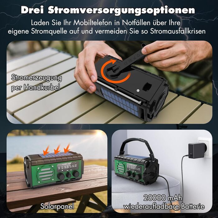 Сонячне радіо 20000mAh з ручним генератором, AM/FM, LED ліхтарик, SOS-сигнал, IPX6, для кемпінгу та подорожей (зелене)