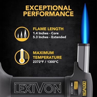 Газовий пальник LEXIVON LX-775 для кухні з дитячим замком та регульованим полум'ям | Пальник для крем-брюле та DIY | Алюмінієвий балон