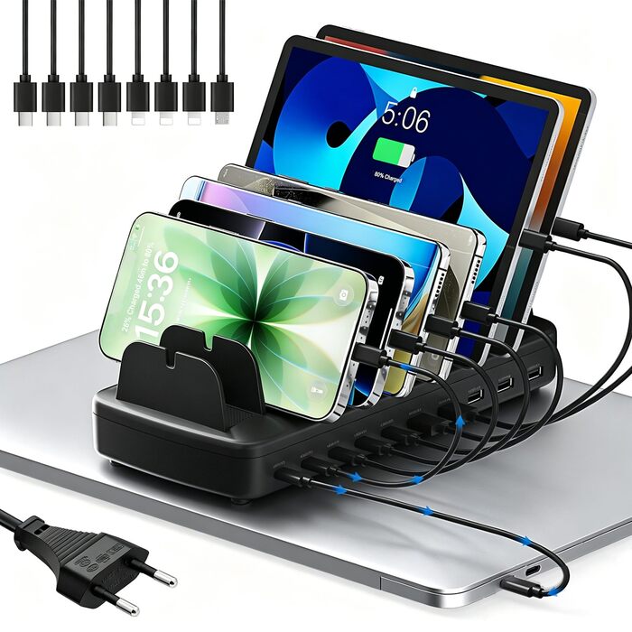 Зарядна станція COTOPS 65W на 10 портів для ноутбука, телефону, iPad, планшета. USB-C PD, з підставкою-органайзером, чорна
