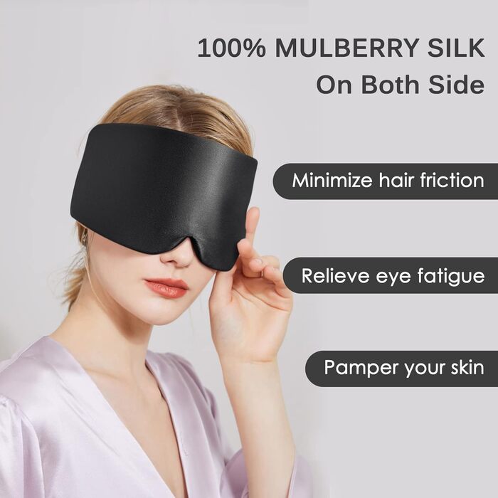 Маска для сну OLESILK з 100% шовку малбері, для чоловіків та жінок, велика, з регульованим ремінцем, для відпочинку, подорожей та сну, чорна