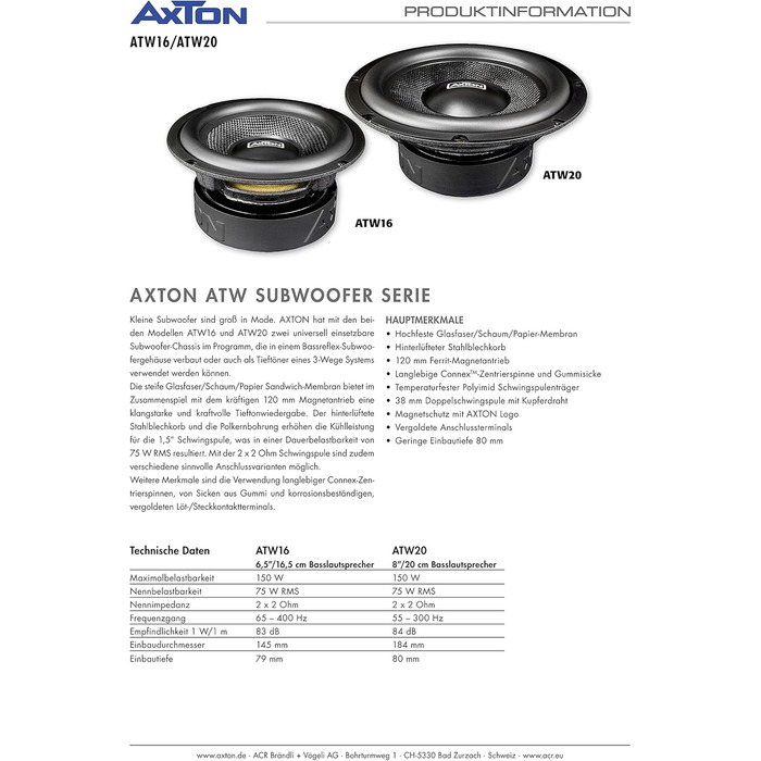 Сабвуфер AXTON ATW16 16 см для авто, 2x2 Ом, 75 Вт RMS, басовий динамік