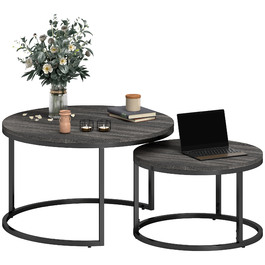 HOMCOM Round Coffee Table 2-Piece Set Stackable Side Table with Metal Frame, Living Room Table with Wood-Look Finish, Coffee Table for Living Room Bedroom Black | Aosom