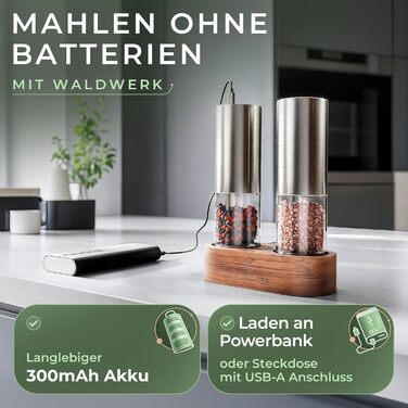 Електрична млинка для солі та перцю WALDWERK з акумулятором 300 мАг, набір з підставкою з акації