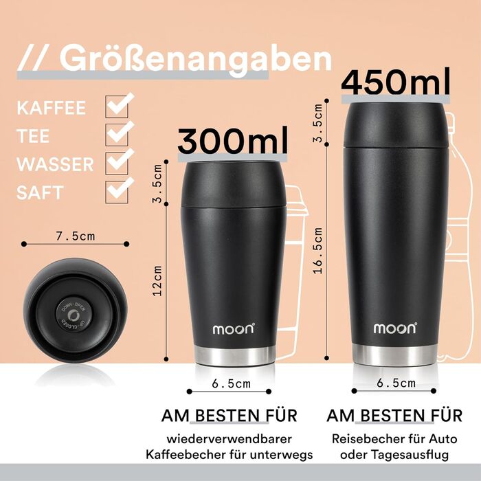Moon 360° Thermobecher, Coffee Mug to Go Thermo, Travel Mug 300ml, Coffee to Go Becher, Insulated Leak-Proof Cup - BPA-Free, Double-Walled Stainless Steel, 100% Leak-Proof, 360° Drinking Opening, Black