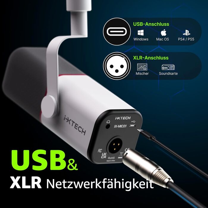 IXTECH Мікрофон з нирковою характеристикою RGB, USB/XLR, для студії, подкастів, стрімінгу, геймінгу та запису голосу, білий