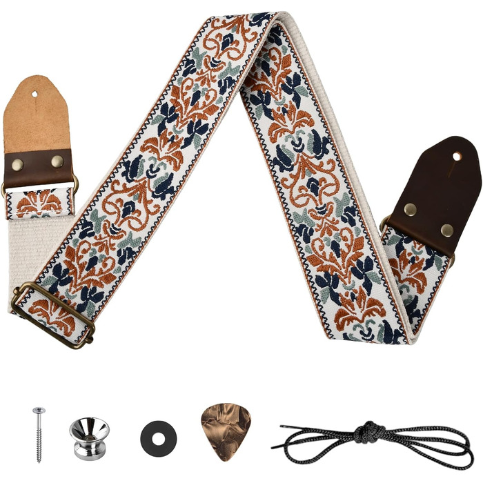 Гітарний ремінь з бавовни для акустичної гітари, 2 шт., вишиті ремені для бас-гітари, електрогітари та акустичної гітари, безкоштовна пряжка, замок для ременя та медіатор (Retro-gold-jacquard)