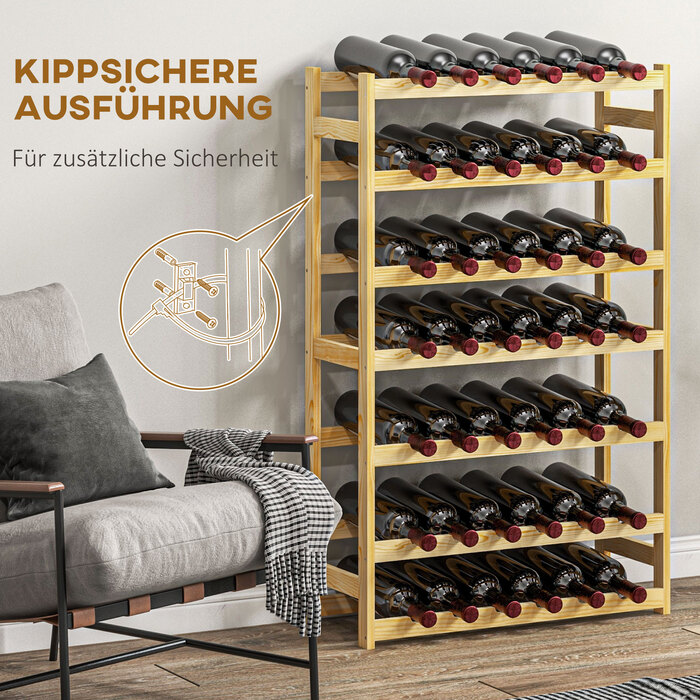 HOMCOM Wine Rack 63 x 25 x 102 cm for 42 Bottles with 7 Shelves, Freestanding Rack and Tip-Over Protection in Natural Wood Finish